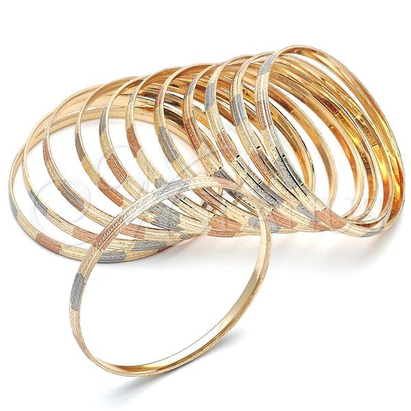 Gold Plated Dozen Bangle, Diamond Cutting Finish, Tricolor, 03.08.0088.07 (06 MM Thickness, Size 7 (3.00 Diameter))