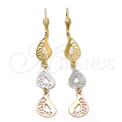 Oro Laminado Long Earring, Gold Filled Style Greek Key Design, Polished, Tricolor, 02.63.2268 for wholesale, main product view