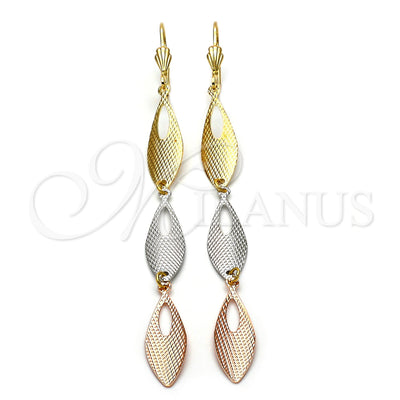 Oro Laminado Long Earring, Gold Filled Style Teardrop Design, Diamond Cutting Finish, Tricolor, 02.63.2272 for wholesale, main product view