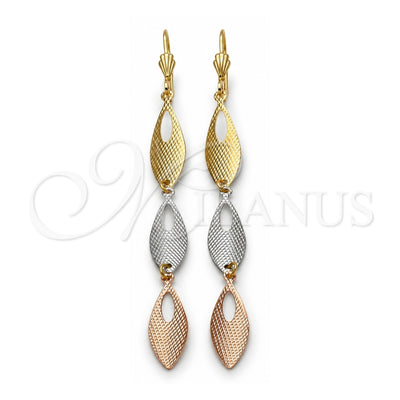 Oro Laminado Long Earring, Gold Filled Style Teardrop Design, Diamond Cutting Finish, Tricolor, 02.63.2272
