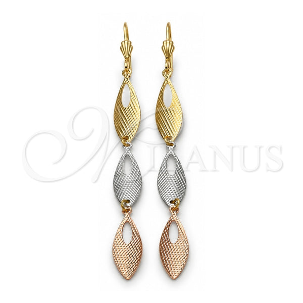Oro Laminado Long Earring, Gold Filled Style Teardrop Design, Diamond Cutting Finish, Tricolor, 02.63.2272