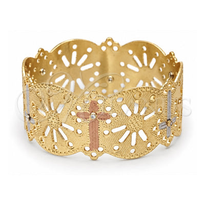 Gold Plated Individual Bangle, Cross Design, with White Cubic Zirconia, Polished, Tricolor, 03.08.0101.05 (25 MM Thickness, Size 5 (2.50 Diameter))