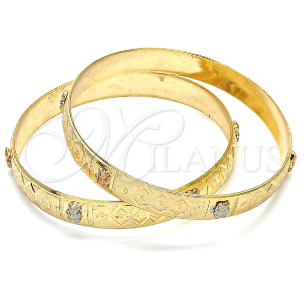 Gold Plated Set Bangle, Teddy Bear Design, Diamond Cutting Finish, Tricolor, 03.08.0106.05 (10 MM Thickness, Size 5 (2.50 Diameter))
