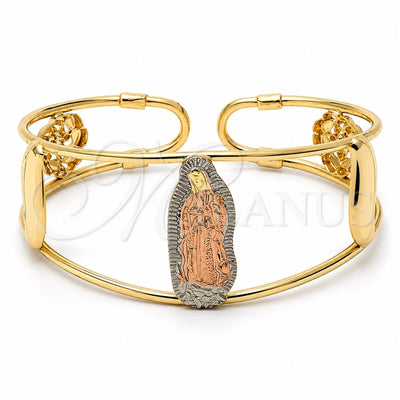 Gold Plated Individual Bangle, Guadalupe and Leaf Design, Diamond Cutting Finish, Tricolor, 03.08.0120 (30 MM Thickness, One size fits all)