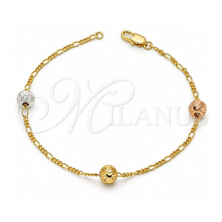 Gold Plated Fancy Bracelet, Ball Design, Diamond Cutting Finish, Tricolor, 03.08.0129.08 (30 MM Thickness, 8 Inches Length)