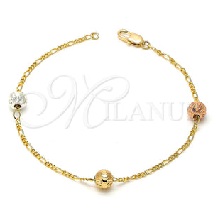 Gold Plated Fancy Bracelet, Ball Design, Diamond Cutting Finish, Tricolor, 03.08.0129.08 (30 MM Thickness, 8 Inches Length)