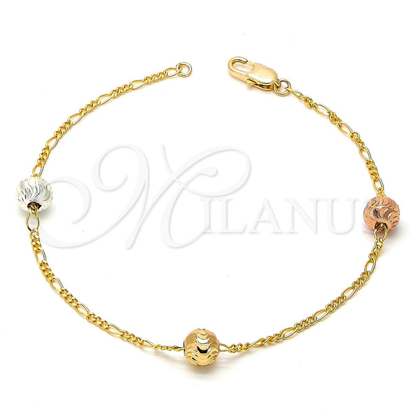 Gold Plated Fancy Bracelet, Ball Design, Diamond Cutting Finish, Tricolor, 03.08.0129.08 (30 MM Thickness, 8 Inches Length)