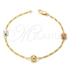 Gold Plated Fancy Bracelet, Ball Design, Diamond Cutting Finish, Tricolor, 03.08.0129.08 (30 MM Thickness, 8 Inches Length)