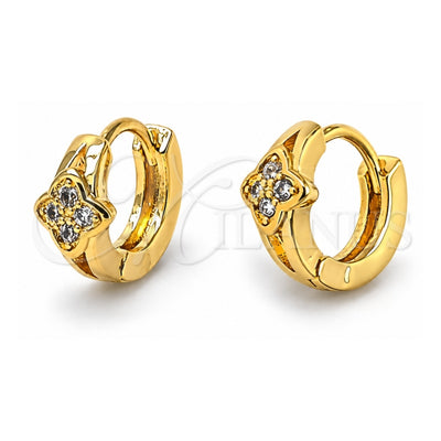 Oro Laminado Huggie Hoop, Gold Filled Style Flower Design, with White Micro Pave, Polished, Golden Finish, 02.165.0004