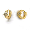 Oro Laminado Huggie Hoop, Gold Filled Style Flower Design, with White Micro Pave, Polished, Golden Finish, 02.165.0004