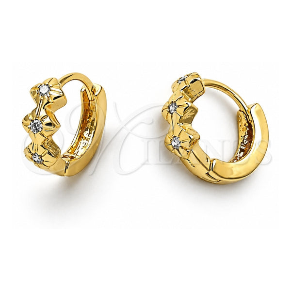Oro Laminado Huggie Hoop, Gold Filled Style Flower Design, with White Cubic Zirconia, Polished, Golden Finish, 02.165.0015