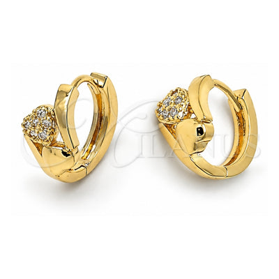 Oro Laminado Huggie Hoop, Gold Filled Style Heart Design, with White Cubic Zirconia, Polished, Golden Finish, 02.165.0039