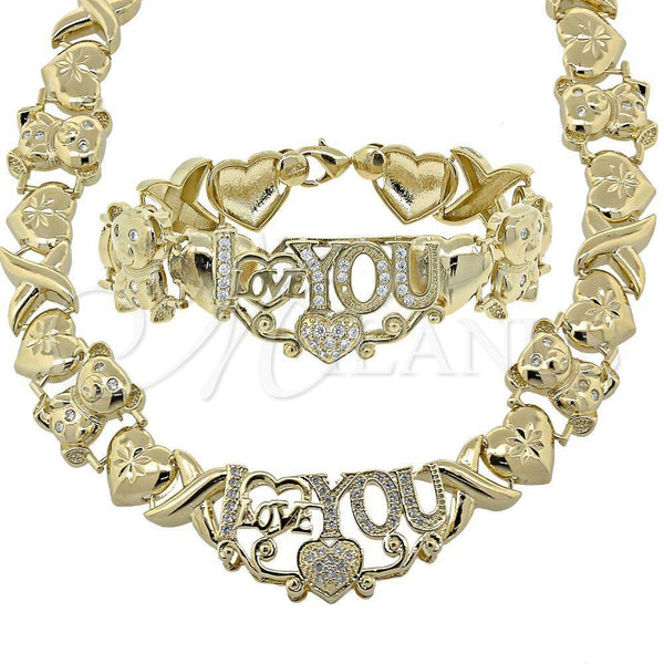 Oro Laminado Necklace and Bracelet, Gold Filled Style Hugs and Kisses and Teddy Bear Design, with White Cubic Zirconia, Diamond Cutting Finish, Golden Finish, 10.180.0001