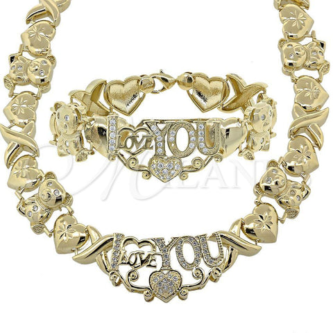 Oro Laminado Necklace and Bracelet, Gold Filled Style Hugs and Kisses and Teddy Bear Design, with White Cubic Zirconia, Diamond Cutting Finish, Golden Finish, 10.180.0001