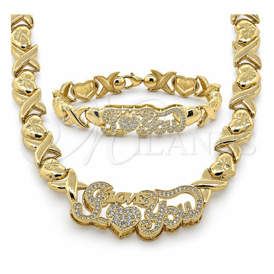 Oro Laminado Necklace and Bracelet, Gold Filled Style Hugs and Kisses Design, with White Cubic Zirconia, Diamond Cutting Finish, Golden Finish, 10.180.0004