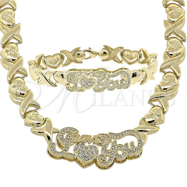 Oro Laminado Necklace and Bracelet, Gold Filled Style Hugs and Kisses Design, with White Cubic Zirconia, Diamond Cutting Finish, Golden Finish, 10.180.0004