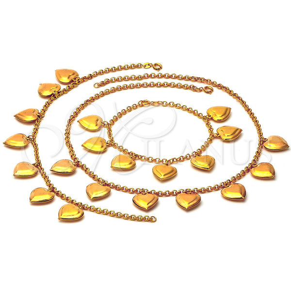 Oro Laminado Necklace, Bracelet and Anklet, Gold Filled Style Heart Design, Polished, Golden Finish, 06.63.0152