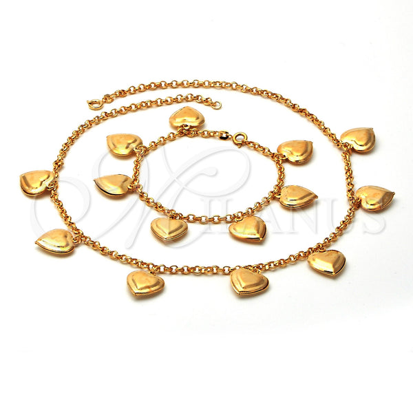 Oro Laminado Necklace and Bracelet, Gold Filled Style Heart Design, Polished, Golden Finish, 06.63.0153