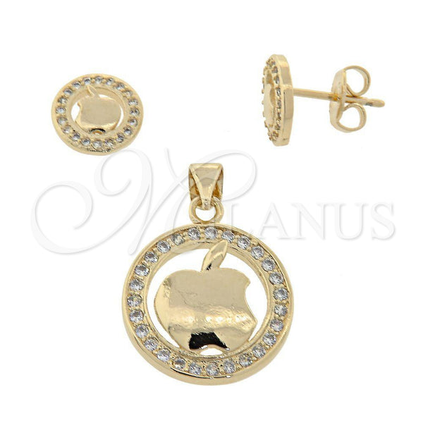 Oro Laminado Earring and Pendant Adult Set, Gold Filled Style Apple Design, with White Micro Pave, Polished, Golden Finish, 10.156.0031