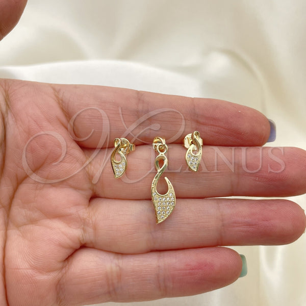 Oro Laminado Earring and Pendant Adult Set, Gold Filled Style with White Micro Pave, Polished, Golden Finish, 10.156.0014