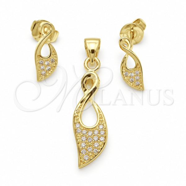 Oro Laminado Earring and Pendant Adult Set, Gold Filled Style with White Micro Pave, Polished, Golden Finish, 10.156.0014