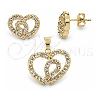 Oro Laminado Earring and Pendant Adult Set, Gold Filled Style Heart Design, with White Cubic Zirconia, Polished, Golden Finish, 10.155.0003