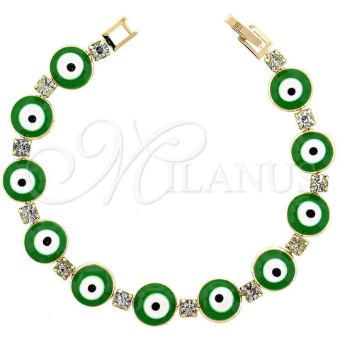 Oro Laminado Fancy Bracelet, Gold Filled Style Evil Eye Design, with Green Opal and White Cubic Zirconia, Polished, Golden Finish, 03.63.1126 (10 MM Thickness, 7 Inches Length)