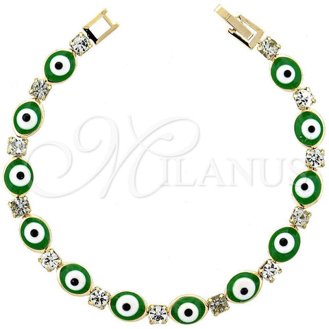 Oro Laminado Fancy Bracelet, Gold Filled Style Evil Eye Design, with Green Opal and White Cubic Zirconia, Polished, Golden Finish, 03.63.1132 (07 MM Thickness, 8 Inches Length)