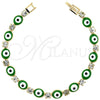 Oro Laminado Fancy Bracelet, Gold Filled Style Evil Eye Design, with Green Opal and White Cubic Zirconia, Polished, Golden Finish, 03.63.1132 (07 MM Thickness, 8 Inches Length)