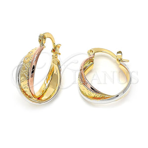Oro Laminado Small Hoop, Gold Filled Style Twist Design, Diamond Cutting Finish, Tricolor, 5.155.007.1
