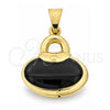 Oro Laminado Fancy Pendant, Gold Filled Style Purse Design, Black Enamel Finish, Golden Finish, 045.016.1
