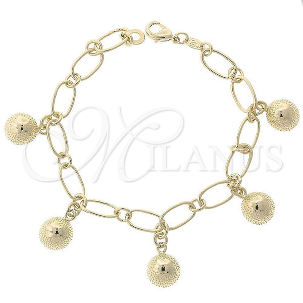 Oro Laminado Charm Bracelet, Gold Filled Style Ball Design, Diamond Cutting Finish, Golden Finish, 5.021.001.1 (08 MM Thickness, 7 Inches Length)