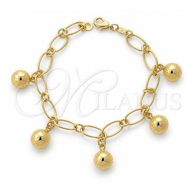 Oro Laminado Charm Bracelet, Gold Filled Style Ball Design, Diamond Cutting Finish, Golden Finish, 5.021.001.1 (08 MM Thickness, 7 Inches Length)