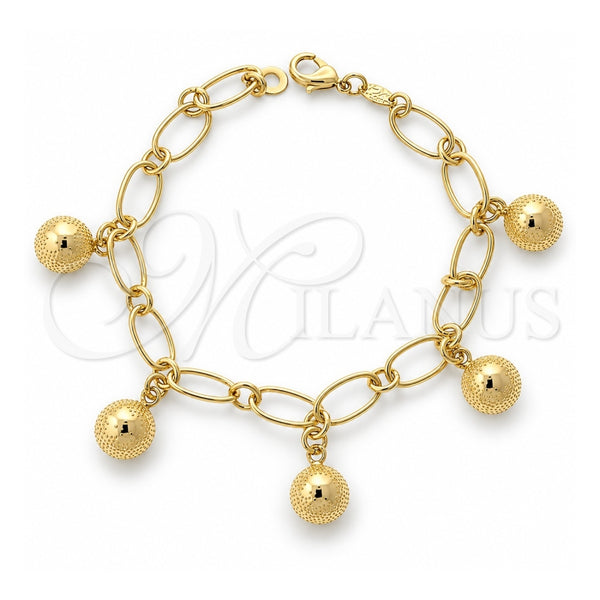 Oro Laminado Charm Bracelet, Gold Filled Style Ball Design, Diamond Cutting Finish, Golden Finish, 5.021.001.1 (08 MM Thickness, 7 Inches Length)