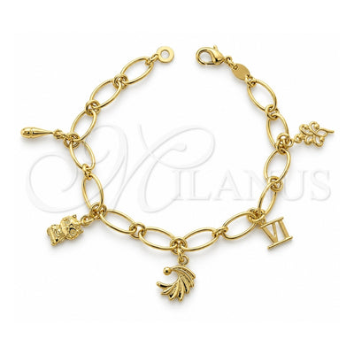 Oro Laminado Charm Bracelet, Gold Filled Style Cat and Flower Design, Polished, Golden Finish, 5.020.009.1 (0.40 Gauge, 07 MM Thickness, 7 Inches Length)
