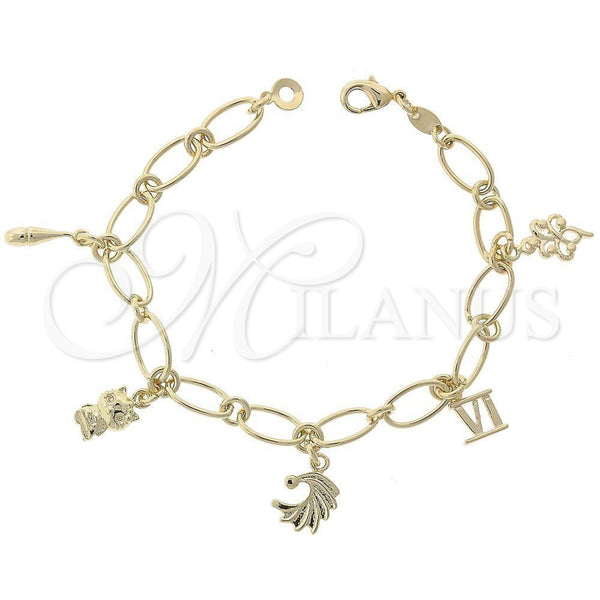 Oro Laminado Charm Bracelet, Gold Filled Style Cat and Flower Design, Polished, Golden Finish, 5.020.009.1 (0.40 Gauge, 07 MM Thickness, 7 Inches Length)