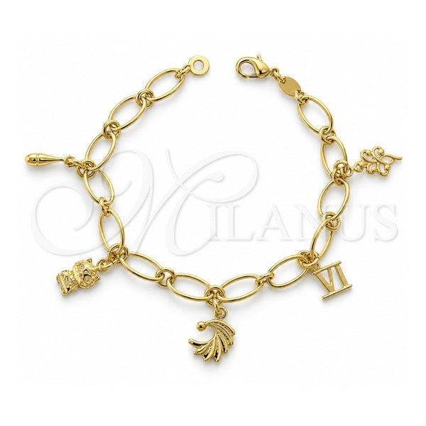 Oro Laminado Charm Bracelet, Gold Filled Style Cat and Flower Design, Polished, Golden Finish, 5.020.009.1 (0.40 Gauge, 07 MM Thickness, 7 Inches Length)