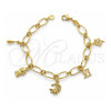 Oro Laminado Charm Bracelet, Gold Filled Style Cat and Flower Design, Polished, Golden Finish, 5.020.009.1 (0.40 Gauge, 07 MM Thickness, 7 Inches Length)