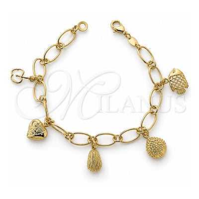 Oro Laminado Charm Bracelet, Gold Filled Style Apple and Fish Design, Diamond Cutting Finish, Golden Finish, 5.019.010.1 (07 MM Thickness, 8 Inches Length)
