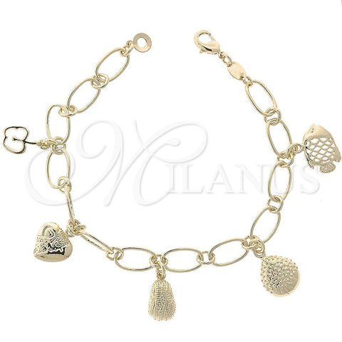Oro Laminado Charm Bracelet, Gold Filled Style Apple and Fish Design, Diamond Cutting Finish, Golden Finish, 5.019.010.1 (07 MM Thickness, 8 Inches Length)