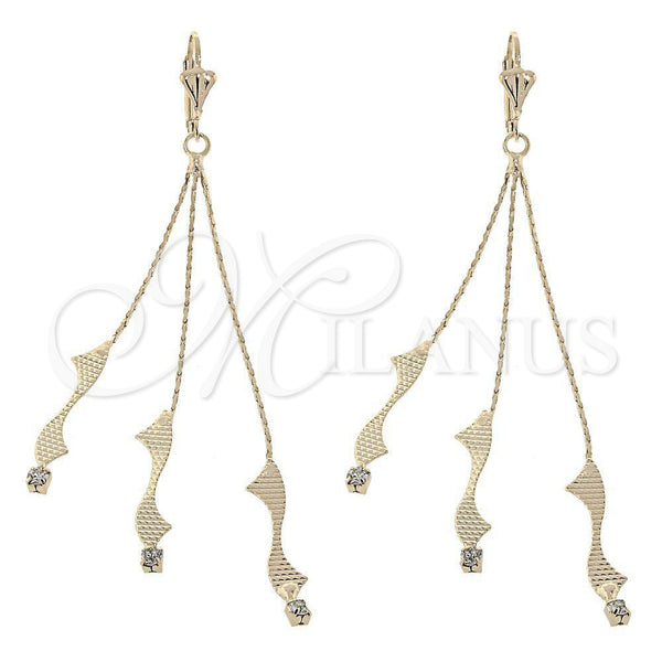 Oro Laminado Long Earring, Gold Filled Style with White Cubic Zirconia, Diamond Cutting Finish, Golden Finish, 02.165.0075