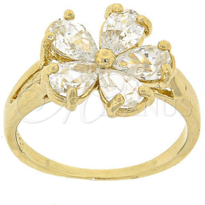 Oro Laminado Multi Stone Ring, Gold Filled Style Flower Design, with White Cubic Zirconia, Polished, Golden Finish, 5.172.026.08 (Size 8)