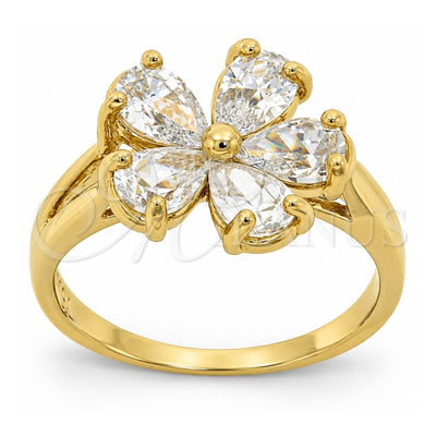 Oro Laminado Multi Stone Ring, Gold Filled Style Flower Design, with White Cubic Zirconia, Polished, Golden Finish, 5.172.026.09 (Size 9)