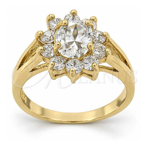 Oro Laminado Multi Stone Ring, Gold Filled Style Flower Design, with White Cubic Zirconia, Polished, Golden Finish, 5.055.007.07 (Size 7)