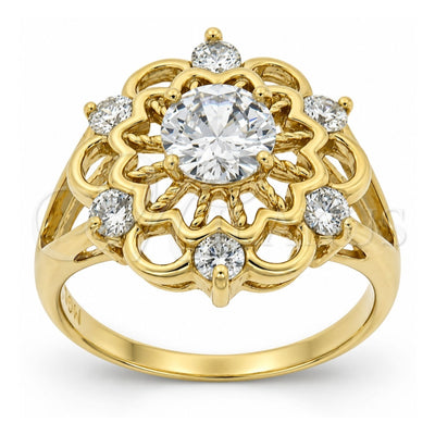 Oro Laminado Multi Stone Ring, Gold Filled Style Flower Design, with White Cubic Zirconia, Diamond Cutting Finish, Golden Finish, 5.172.034.07 (Size 7)