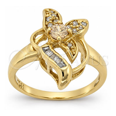 Oro Laminado Multi Stone Ring, Gold Filled Style Flower and Baguette Design, with Dark Champagne and White Cubic Zirconia, Polished, Golden Finish, 5.172.025.08 (Size 8)