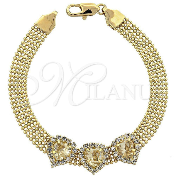 Oro Laminado Fancy Bracelet, Gold Filled Style Heart Design, with Light Yellow and White Cubic Zirconia, Polished, Golden Finish, 5.021.005.1 (10 MM Thickness, 8 Inches Length)