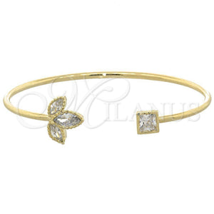 Oro Laminado Individual Bangle, Gold Filled Style Leaf Design, with White Cubic Zirconia, Polished, Golden Finish, 07.97.0028 (04 MM Thickness, One size fits all)
