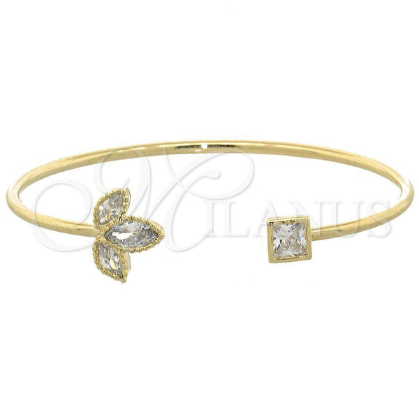 Oro Laminado Individual Bangle, Gold Filled Style Leaf Design, with White Cubic Zirconia, Polished, Golden Finish, 07.97.0028 (04 MM Thickness, One size fits all)