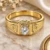 Oro Laminado Mens Ring, Gold Filled Style Solitaire Design, with White Cubic Zirconia, Diamond Cutting Finish, Golden Finish, 5.175.030.06 (Size 6)